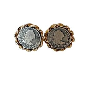 Vtg Two Tone Faux Coin Men's Cuff Links "Dei Gratia Carolus III 1779" Faux Coin